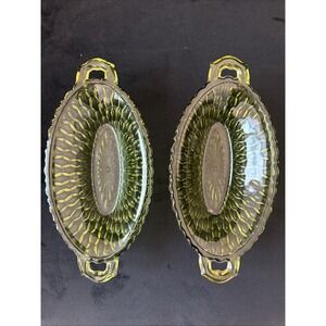 2 Vintage 1960s Indiana Glass Green Honeycomb Relish/Pickle Handled Dish